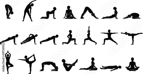 Collection of Silhouetted Figures Performing Various Yoga Poses and Stretches Isolated on Transparent Background for Fitness and Wellness Concepts