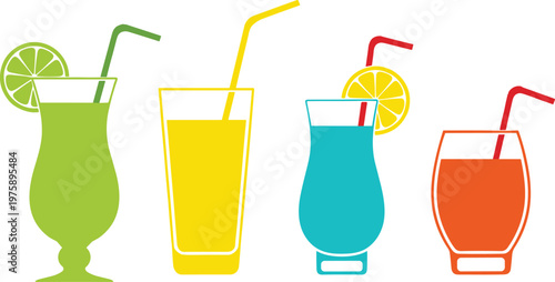 Colorful cocktail glasses with fruit garnishes and straws Keywords: cocktails, drinks, beverages, glasses, fruit, garnish, straw, colorful