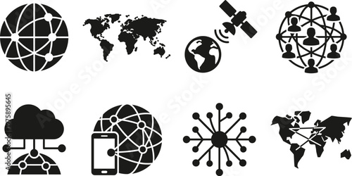 Collection of Global Communication and Connectivity Icons Representing Technology Networks and Digital Connections Worldwide