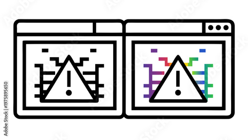 A vector graphic illustration of two computer browser windows with warning signs indicating errors or security threats
