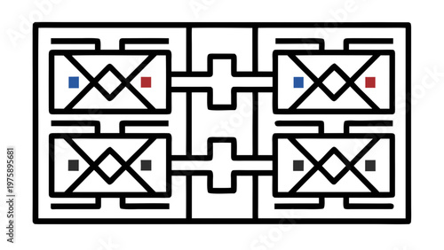 A vector graphic illustration of a maze with colored squares