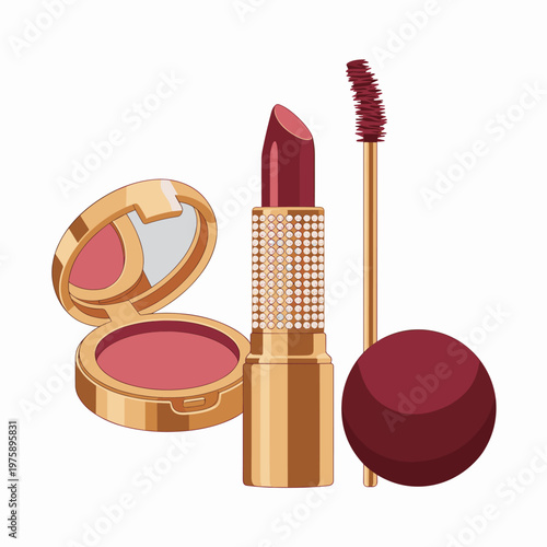Luxurious makeup set featuring a golden blush compact, diamond-encrusted lipstick, and mascara, exuding elegance and sophistication on a pristine background