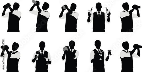 Silhouette Bartender Mixing and Serving Cocktails in Various Poses drink