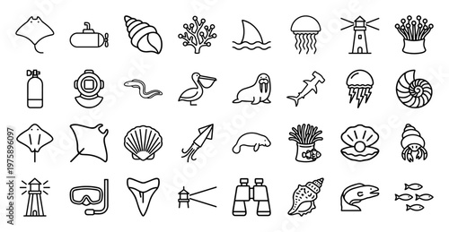 Minimalist aquatic life and marine biology line icon set.