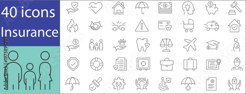 Insurance icon set featuring protection, security, and coverage symbols including health, home, car, and life insurance in modern flat vector style.