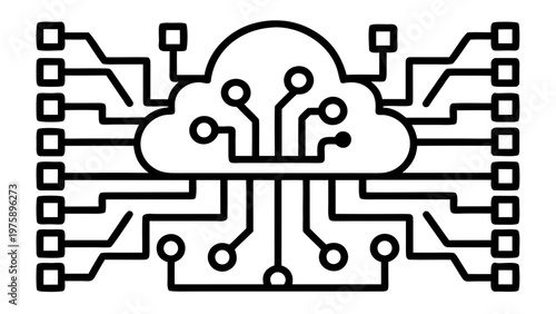 A vector graphic illustration of a cloud computing circuit board design