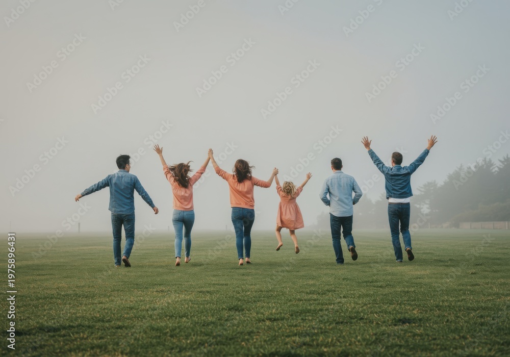 Naklejka premium Happy family with children running in a green field with arms raised toward a foggy sky, active lifestyle concept for wellness campaign and advertising copy space
