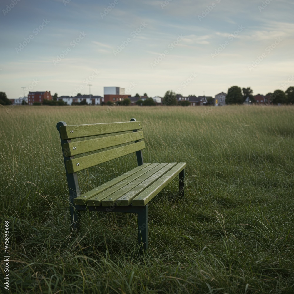 Fototapeta premium Green wooden park bench standing in an overgrown tall grass field with distant suburban buildings for social awareness editorial use and melancholic quiet concepts