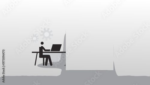 A minimalist vector graphic of a person working on a laptop at a desk