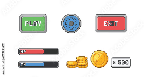 A pixel art game ui interface elements hp mp health mana and coins.