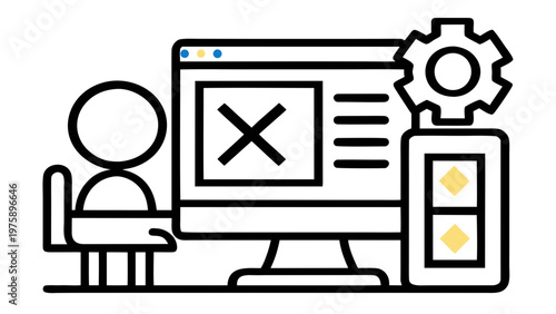 A minimalist vector graphic of a person interacting with a computer displaying an error message