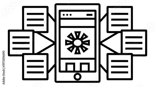 A vector graphic illustration of a mobile phone with multiple connected documents