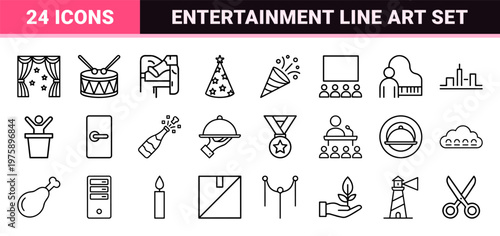 Event and party planning line icons set for celebrations and entertainment.