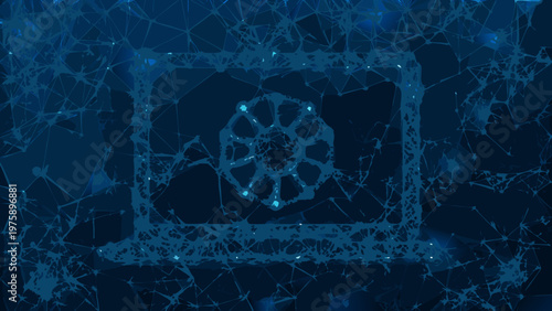 A futuristic blue laptop icon with a cracked screen and a gear design on the display