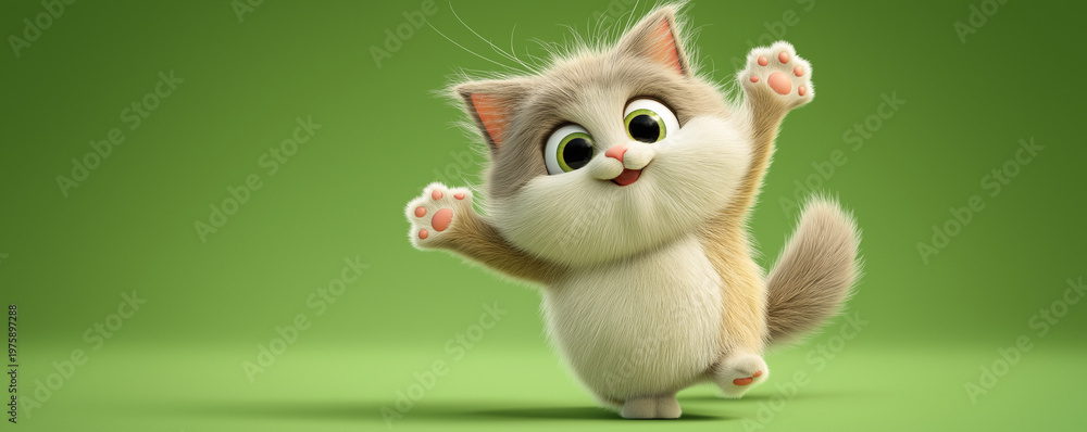 Fototapeta premium Cute Cartoon Cat Character Waving Paw on Green Background