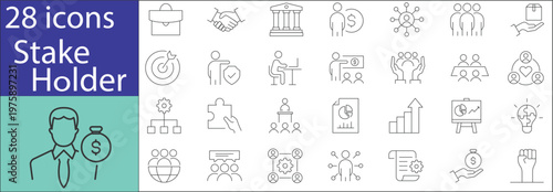 Stakeholder icon set featuring business relationships, collaboration, communication, and partnership symbols in modern flat vector style,
