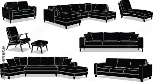 Collection of modern sofa and armchair silhouettes featuring sectional couches, lounge chairs and living room furniture isolated on white background for interior design use