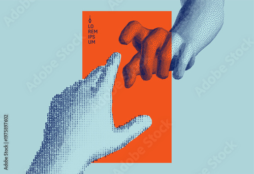 The index fingers of both hands reach toward each other. The concept of relationships, unity, partnership, or contact. Cascading digital code matrix. Artificial intelligence and cognition. Contact.