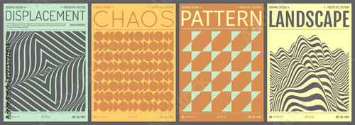 Landscape background. Optical illusion. Abstract geometric pattern. Squares within squares. Wavy surface. Cover design template. Vector for brochure, poster, card, flyer, diary, notebook or notepad.м