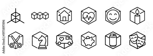 Linear 3D cube and geometric block icon set