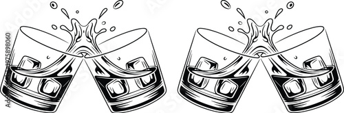 Two glasses of whiskey with ice clinking together with splashes on a white background vector