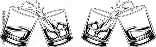 Two glasses of whiskey with ice clinking together with splashes on a white background vector