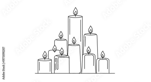 Group of Lit Candles, Minimalist Line Art, Warm Glow, Ambiance, Celebration