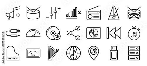Minimalist audio and music icon set with sound waves, speakers, and player controls
