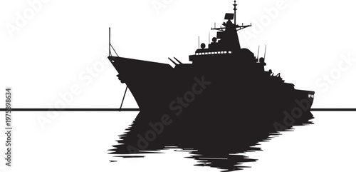 Silhouette of a modern warship at sea vector illustration with reflection