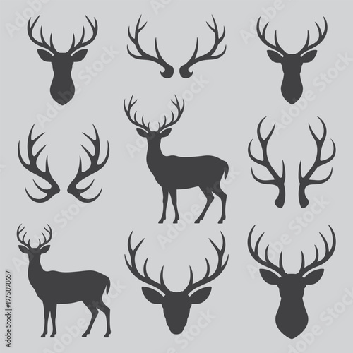 Deer silhouettes collection: antlers and full body poses with silhouette