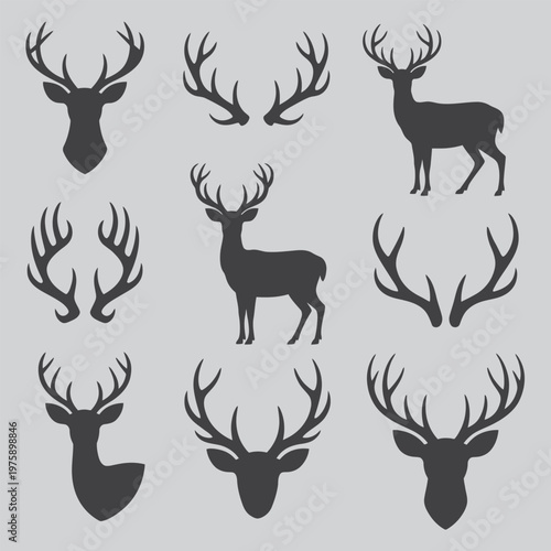 Deer silhouettes collection: antlers and full body poses with silhouette