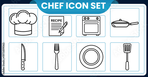 Chef icon set culinary tools and equipment in black and whiteChef icon set culinary tools and equipment in black and white