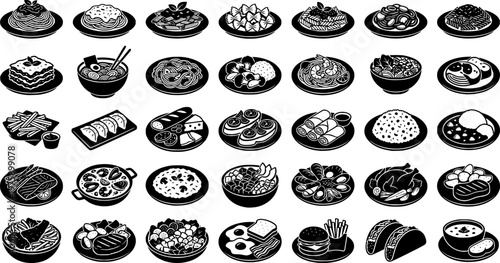 Gourmet Pasta Icons. Outline icon set of gourmet pasta dishes: fettuccine alfredo, spaghetti bolognese,
