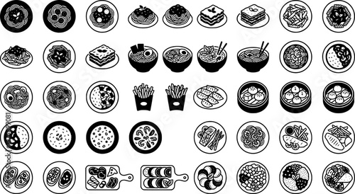 Gourmet Pasta Icons. Outline icon set of gourmet pasta dishes: fettuccine alfredo, spaghetti bolognese,
