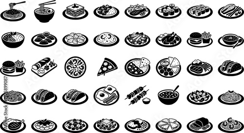 Gourmet Pasta Icons. Outline icon set of gourmet pasta dishes: fettuccine alfredo, spaghetti bolognese,
