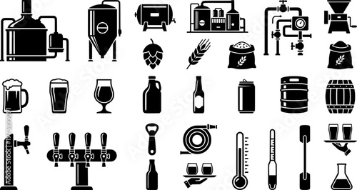 Beer icon set: glasses, hops, bottles, barrels, brew symbols
