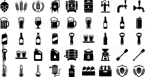 Beer icon set: glasses, hops, bottles, barrels, brew symbols
