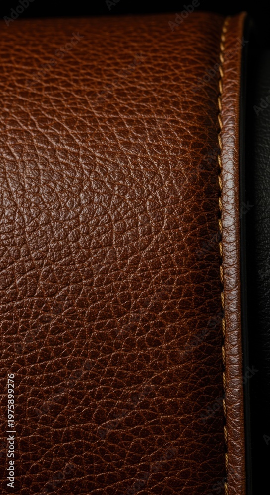 Fototapeta premium Rich brown leather texture close up showing fine pebble grain and amber stitching on a luxury fashion accessory background for masculine branding and refined design