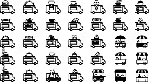 Street Food Icon Set. Street food. Line icon set of food truck items: burger truck, taco truck, coffee van, ice cream truck, hot dog cart, noodle van, juice 
