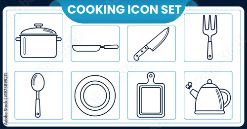 Cooking icon set utensils and cookware in outline styleCooking icon set utensils and cookware in outline style