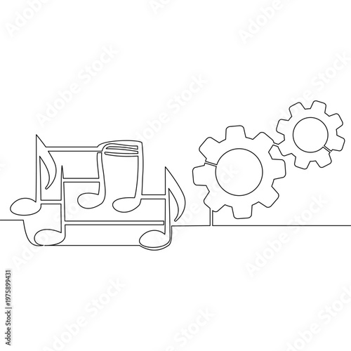 Continuous one single line drawing Musical notes transforming into interlocking gears symbolizing harmony of creativity and technology icon vector illustration concept