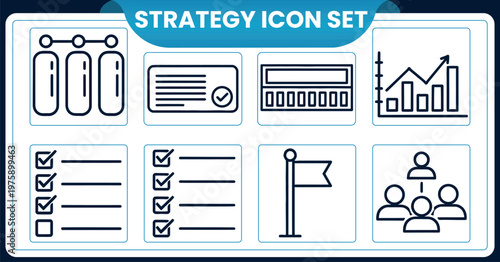 Strategy icon set business planning goals and teamwork visual elementsStrategy icon set business planning goals and teamwork visual elements