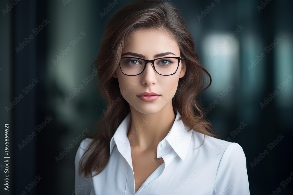 Fototapeta premium Professional woman posing in office or corporate environment, conveying confidence and intelligence