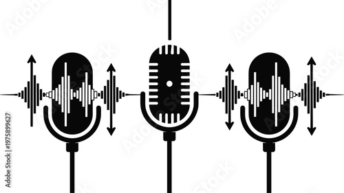 Microphone with sound wave icons set representing audio recording, podcast, music and broadcasting concept, black silhouette isolated on white background for media design use