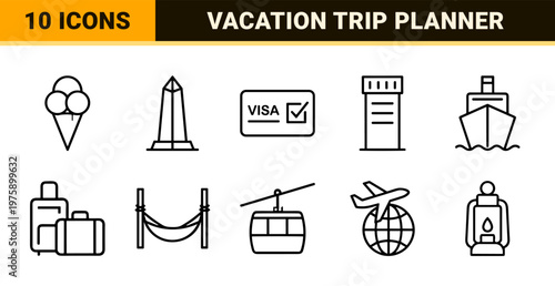 Travel and vacation minimalist thin line icon set