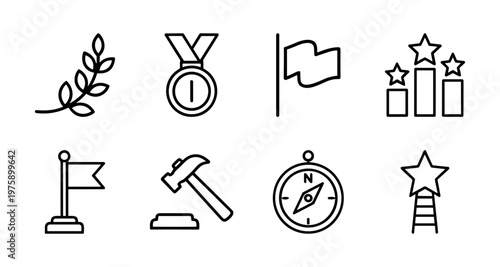 Achievement and reward minimalist line icons for gamification and business
