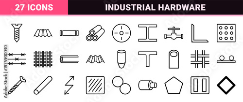 Industrial steel hardware and metal construction icon set outline style