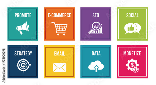 Vibrant digital marketing icons illustrate essential modern business concepts like promotion, e-commerce, SEO, social media, strategy, email, data, and monetization.