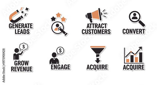 A comprehensive set of modern marketing icons illustrating key business strategies like lead generation, customer acquisition, and revenue growth.