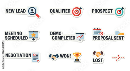 A comprehensive set of sales pipeline stage icons, illustrating the progression from new lead generation to a successful deal closure or loss.